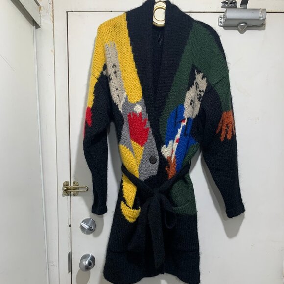 VINTAGE GRAPHIC KNIT BELTED WOOL SWEATER CARDIGANS SIZE XL - Picture 2 of 16